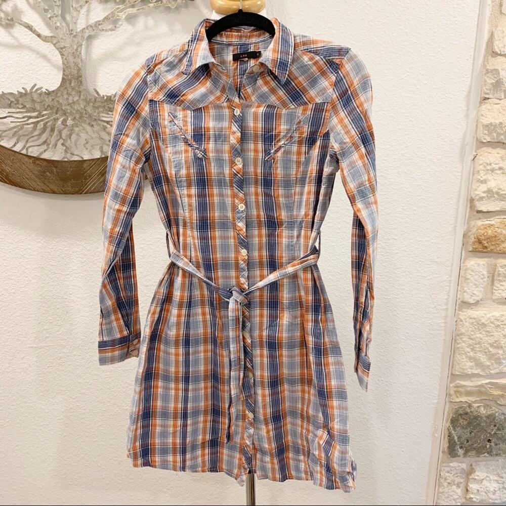 Lux Urban Outfitters Western Style Plaid Shirtdress Blue Orange Small